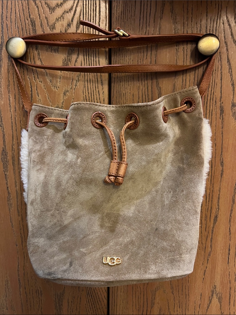 UGG Chestnut Suede and Cream Shearling Drawstring Crossbody